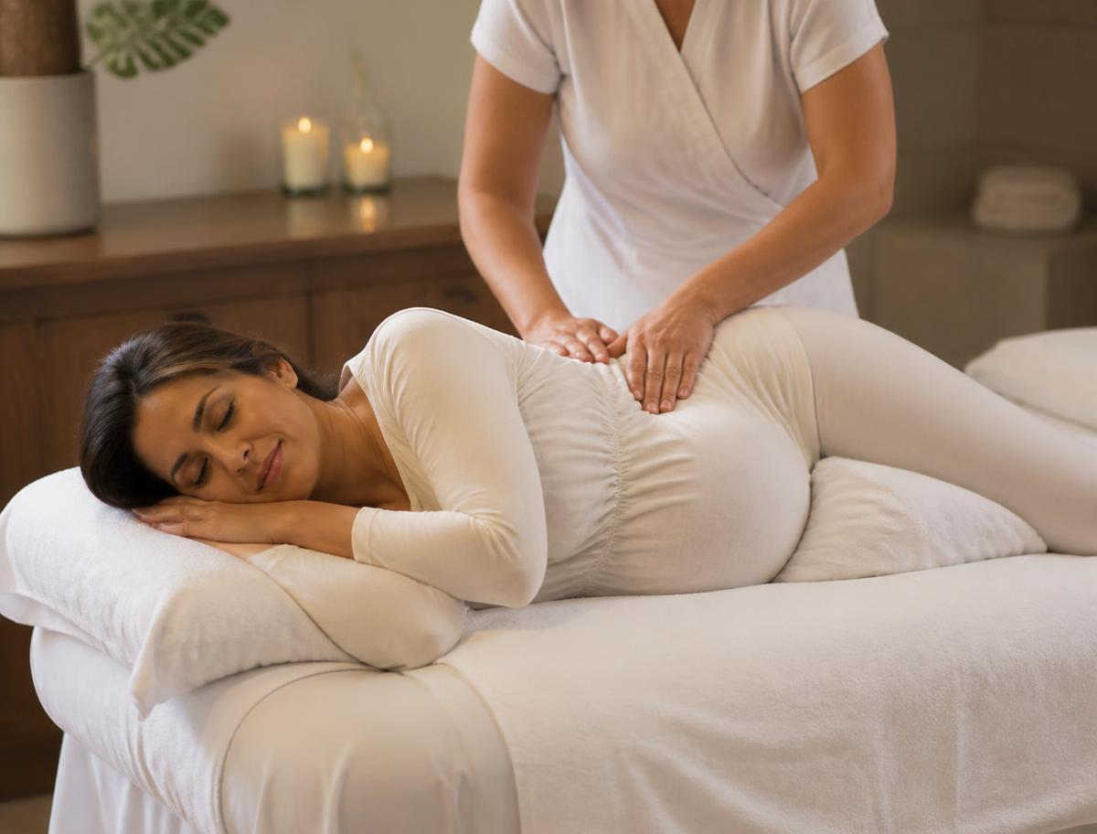 Expectant mother resting on her side with pillow support while a therapist works along her lower back
